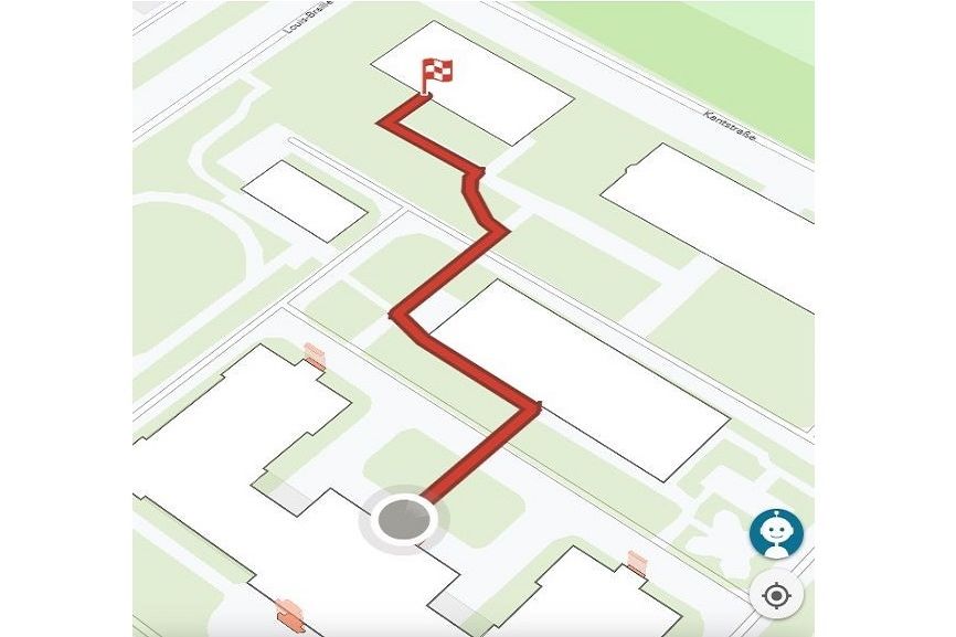 Eine digitale Karte mit einer Wegbeschreibung, die mit einem roten Strich gekennzeichnet ist