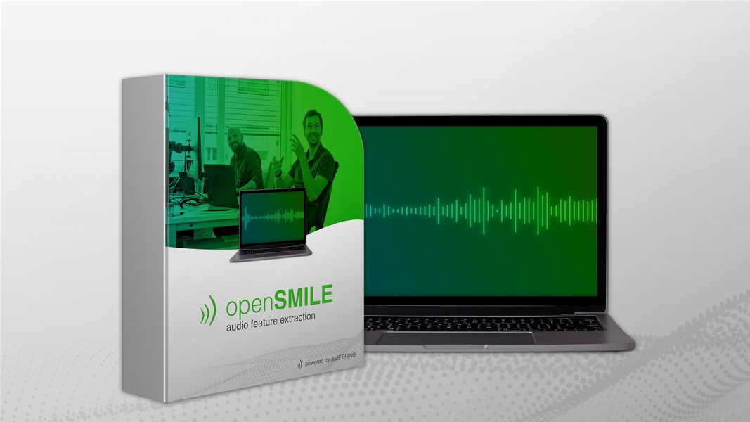 Die Verpackung des Programms OpenSMILE ist mit einem Laptop im Hintergrund dargestellt.