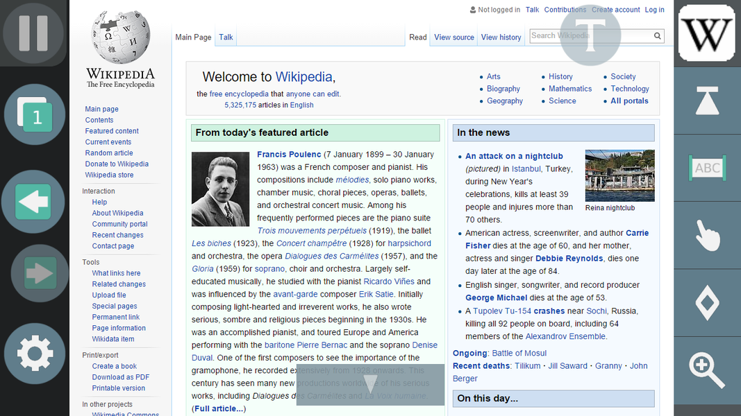 Die Webseite Wikipedia ist eingeblendet. Neben der Webseite sind rechts und links Tools, die bei der Steuerung helfen.
