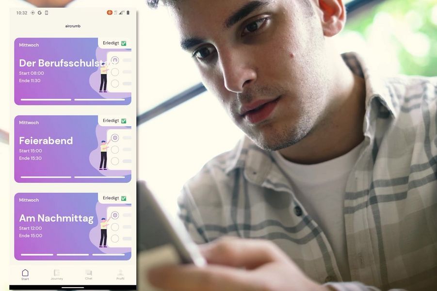 Ein Mann mit einem Smartphone und ein Screenshot der App AirCrumb