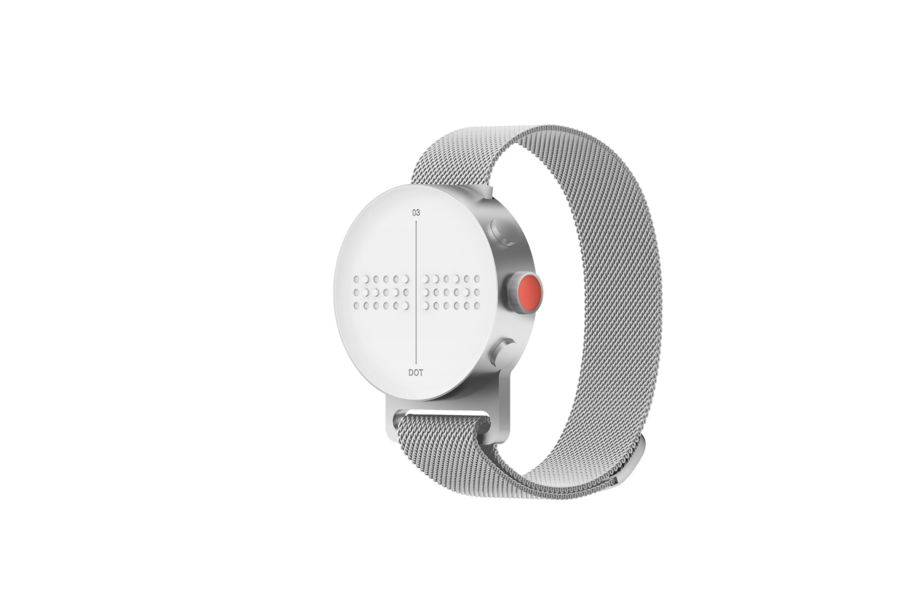 Das Zifferblatt der Dot Watch ist von der Seite zu sehen.