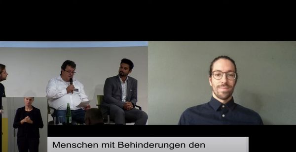Links: Podiumsteilnehmer vor Ort bei der Tagung in Wien. Rechts: Rolf Feichtenbeiner nimmt virtuell teil.