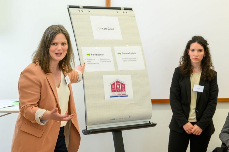 ModeratorInnen stellen die Arbeit im World Cafe vor