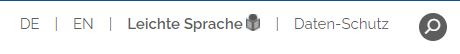 Funktionsbereiche: DE für Deutsch, EN für Englisch, Leichte Sprache mit dem zugehörigen Zeichen, Datenschutz und eine Lupe für Such-Funktion