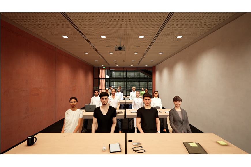 Avatare, die neben und hintereinander an Schreibtischen sitzen 