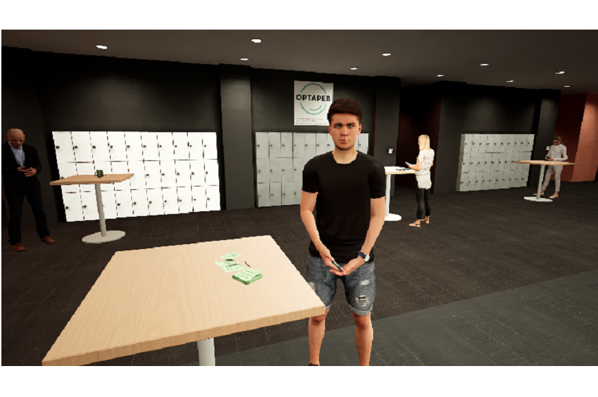 Ein Avatar, der neben einem Tisch steht 