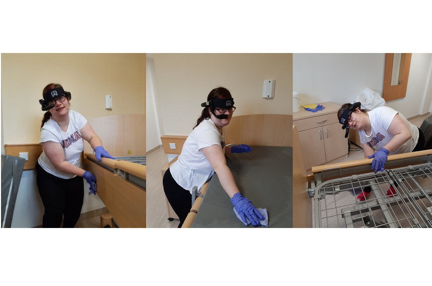 Drei Bilder mit einer Frau, die eine AR-Datenbrille auf hat.